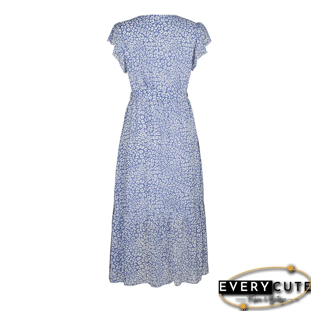 Light Blue V Neck Ruffle Detail Tie Waist Floral Dress