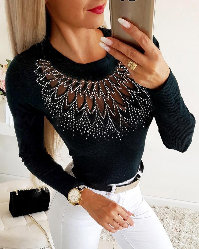 Hot Stamping Sheer Mesh Insert Long Sleeve Blouse