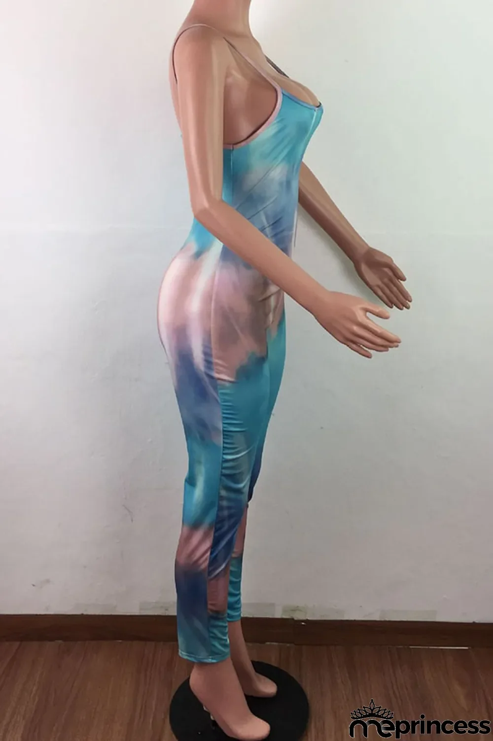 Blue Fashion Sexy Tie-dyed Sleeveless Slip Jumpsuits