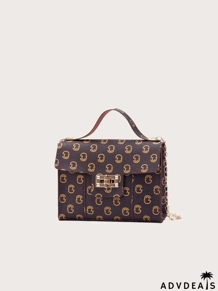 Allover Graphic Turn-lock Satchel Bag