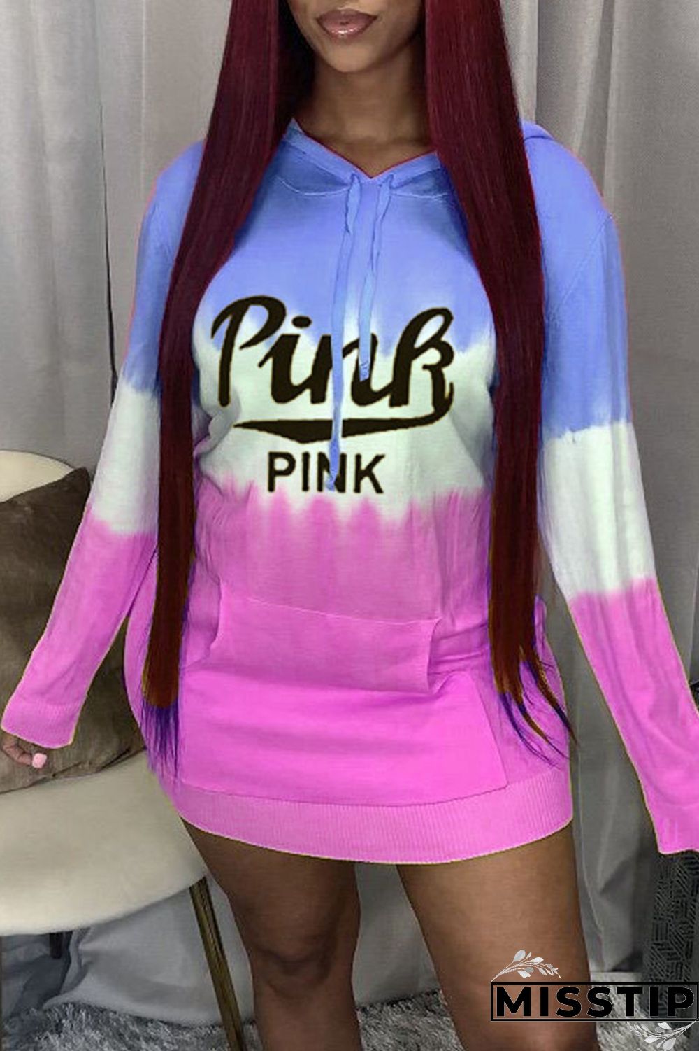 Pink Yellow Casual Print Patchwork Hooded Collar T-shirt Dress Dresses