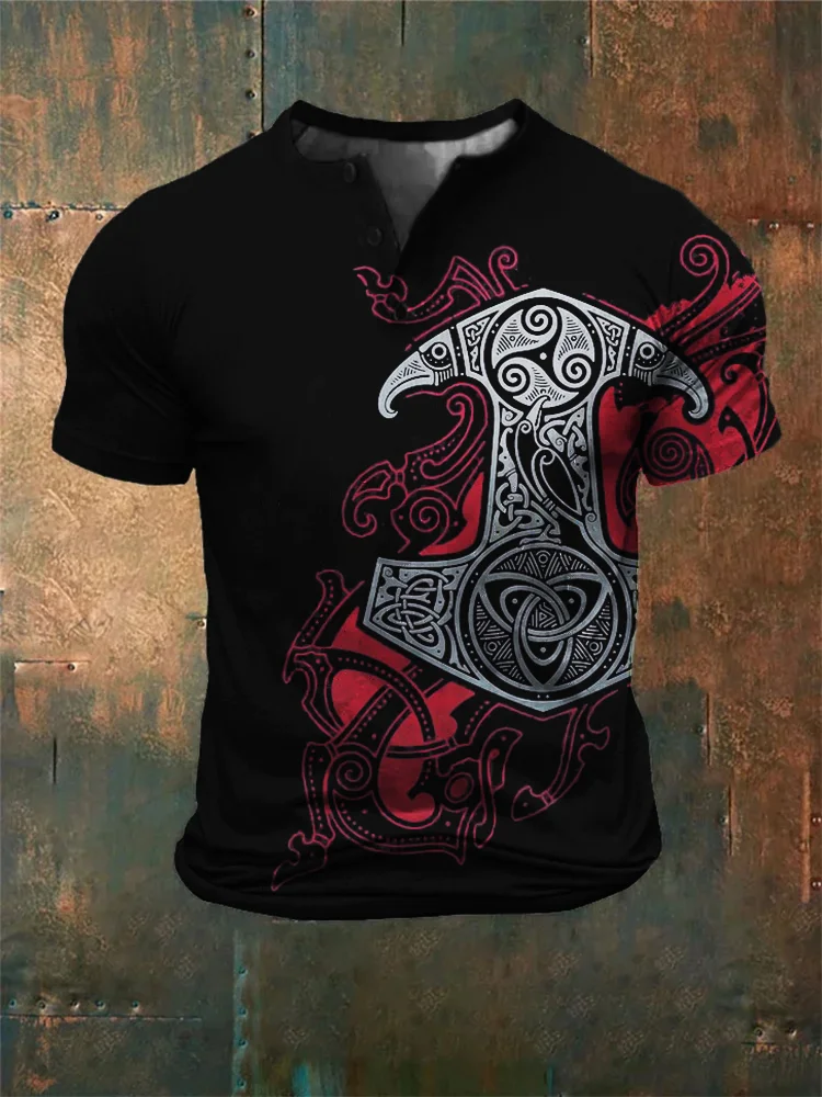 Broswear Men's Raven Inspired Mjolnir Celtic Graphic Henley Shirt