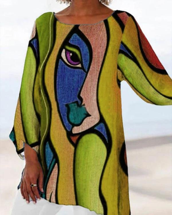 Color Block Figure Printed Long Sleeve Casual Crew Neck Shirts & Tops