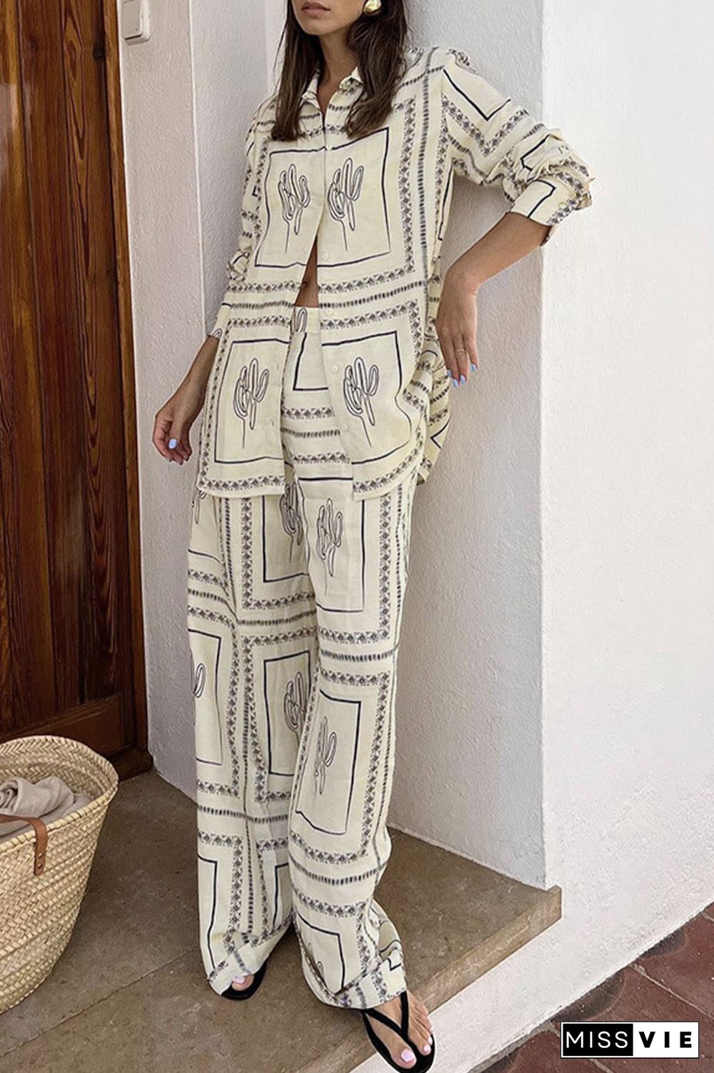 Casual Floral Pocket Turndown Collar Long Sleeve Two Pieces