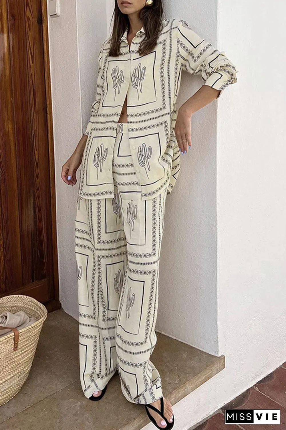 Casual Floral Pocket Turndown Collar Long Sleeve Two Pieces