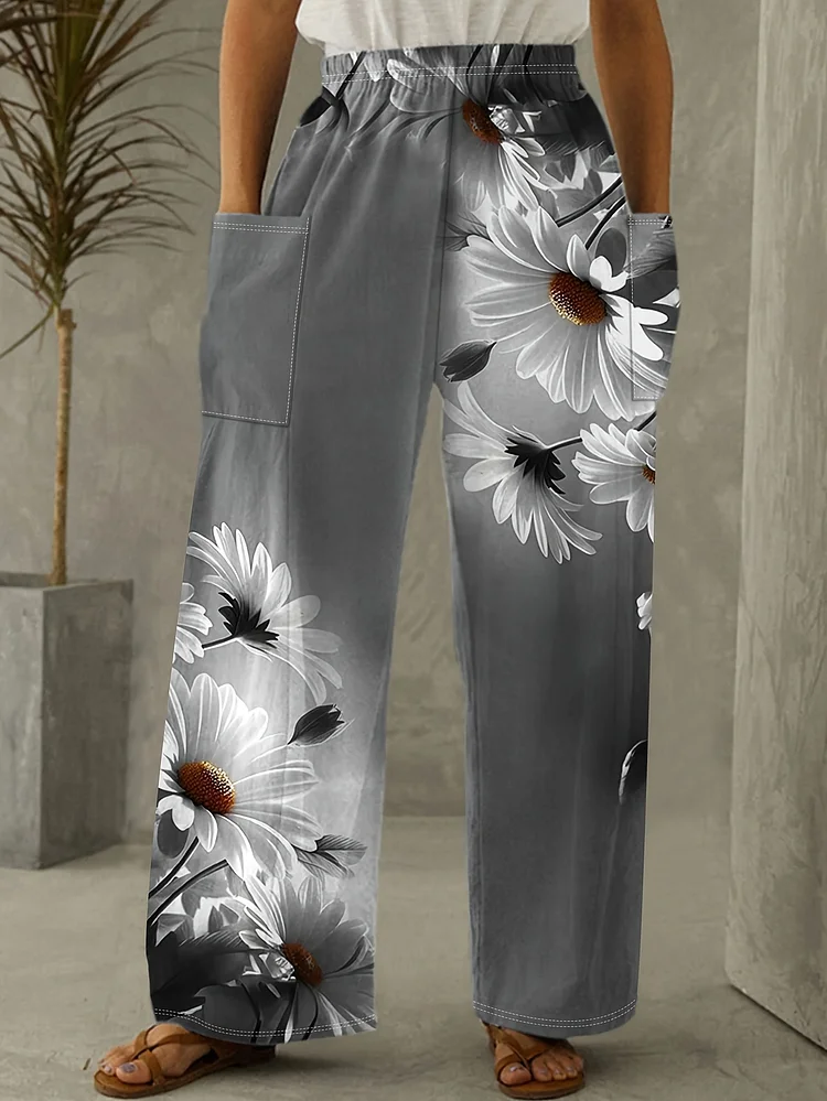 Spring And Autumn New Style Pocket Fashion Floral Print Casual Women's Pant