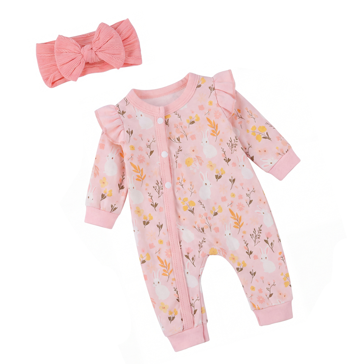 17-20 Inch Pink Bunny Floral Print Romper with Flutter Sleeves