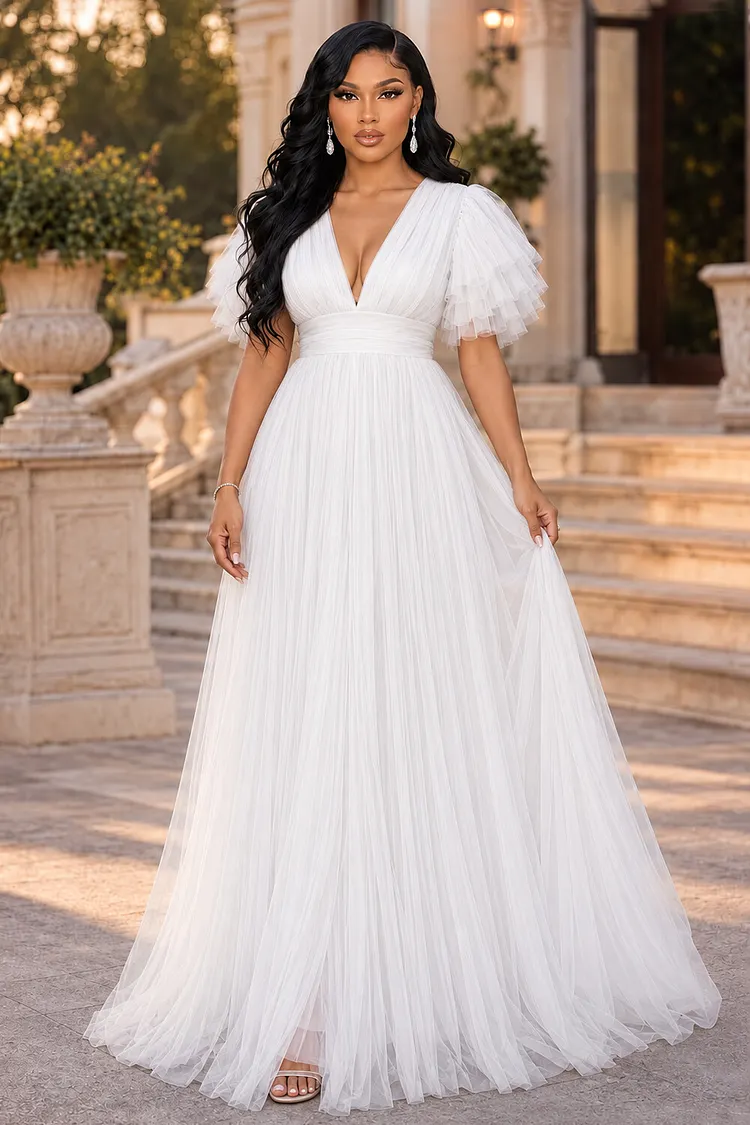 wedding dress with layered ruffles Deep V Neck Ruffle Tulle Short Sleeve A-Line Maxi Dresses-Pink deep v-neck wrap dress
