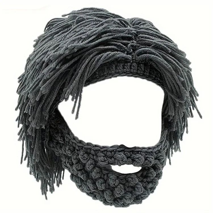 Punk Style Beanie with Attached Straight Hair Wig and Knitted Beard 