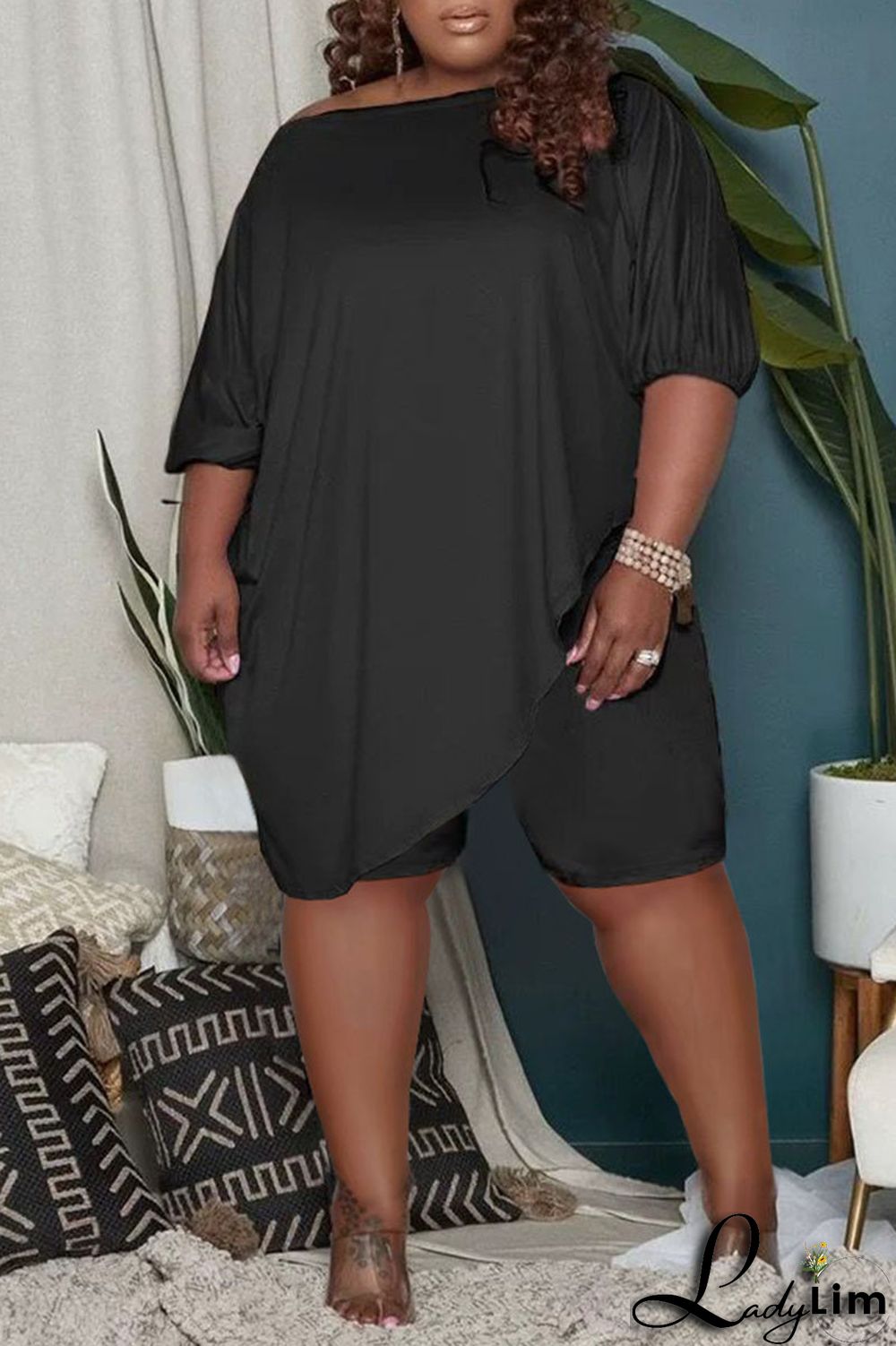 Burgundy Casual Solid Split Joint Asymmetrical Oblique Collar Plus Size Two Pieces
