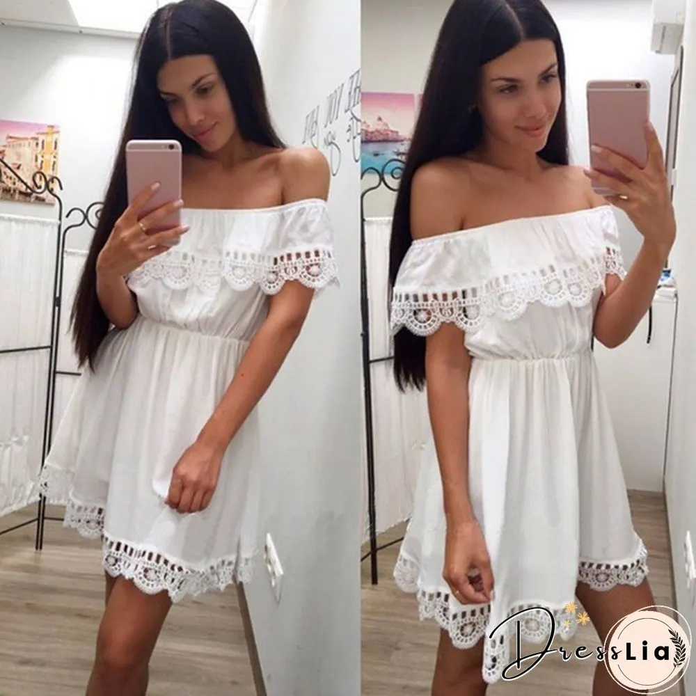 Summer Women White Lace Stitching Dress Off Shoulder Strapless Sexy Dress Neck Mini Dresses