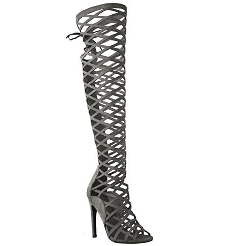 Dark Grey Hollow-out Knee-high Stiletto Heel Sandals Gladiator Heels |FSJ Shoes