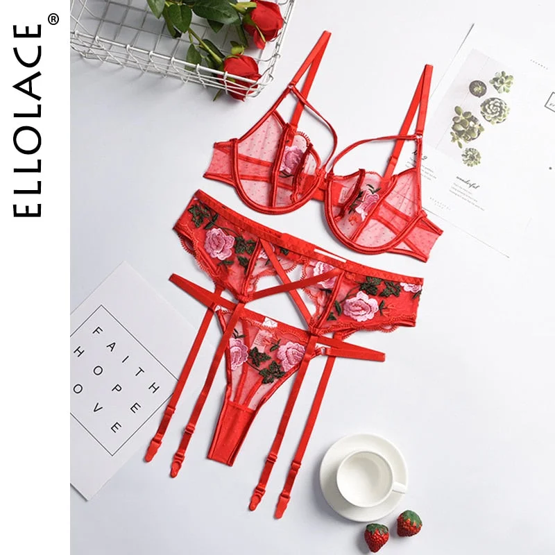 Ellolace Lingeie Women's Underwear Floral Embroidery Transparent Bralette Lingerie Set Sexy Female Underwear for Women Bra Set