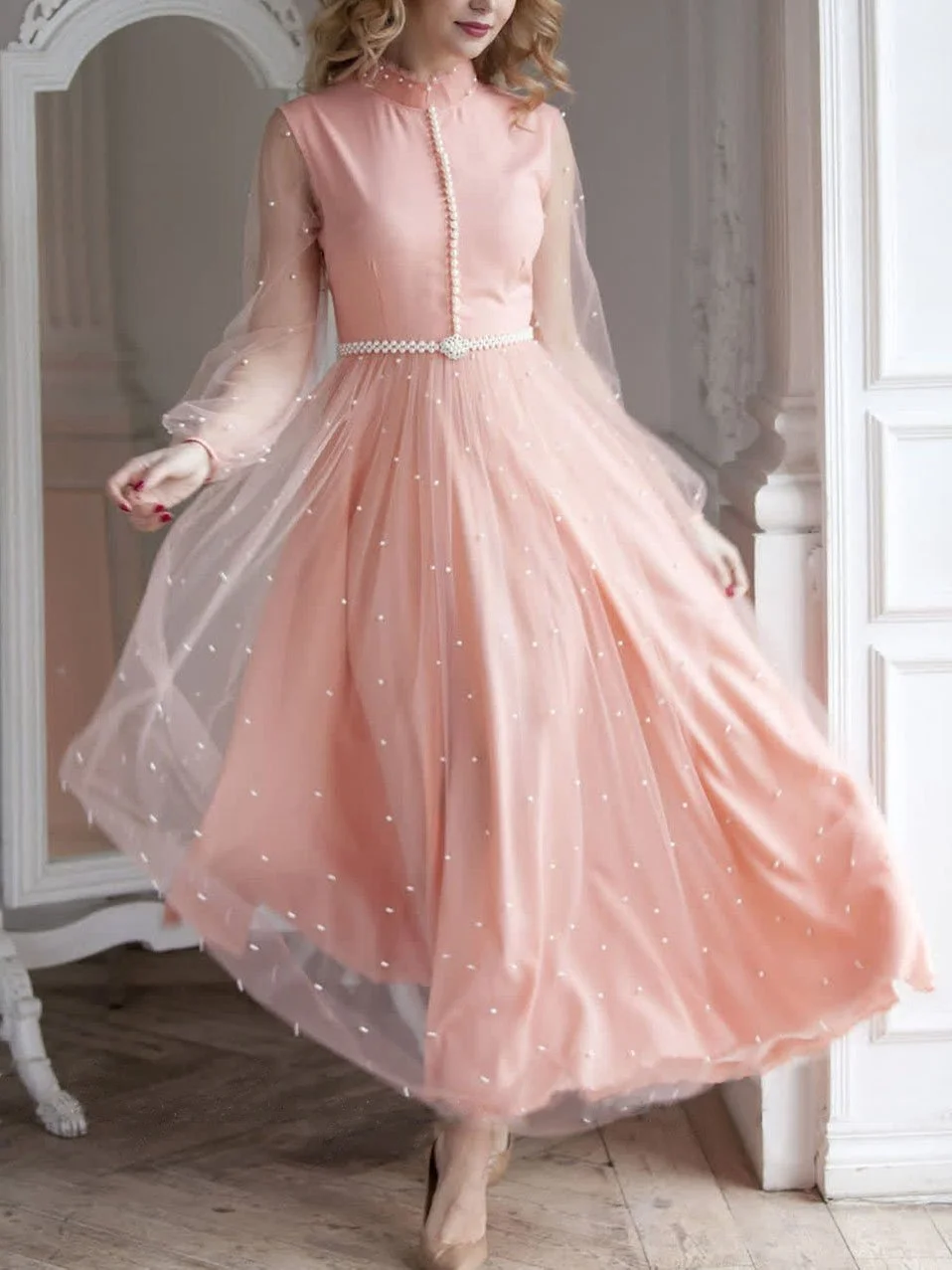 Elegant Pink Round Neck Chiffon Maxi Dress