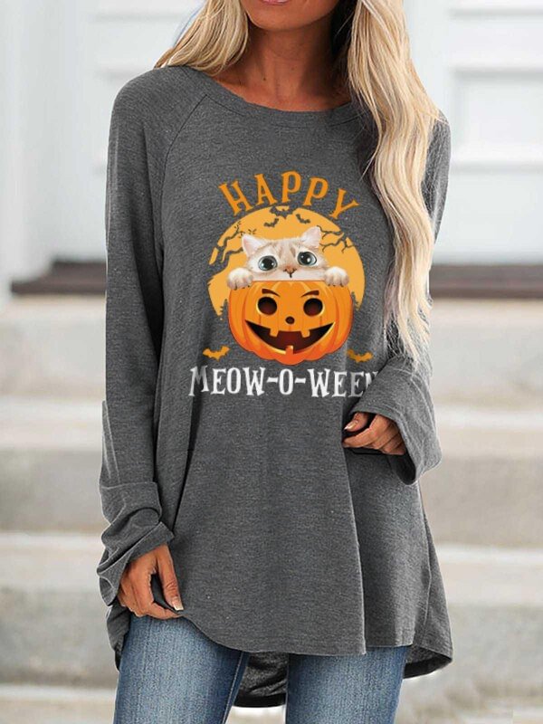 Happy Halloween Cat Pumpkin Print Long Sleeve T-Shirt