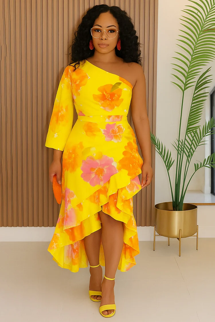 One Shoulder Floral Print Ruffle Party Maxi Mullet Dresses-Yellow [Pre Order]