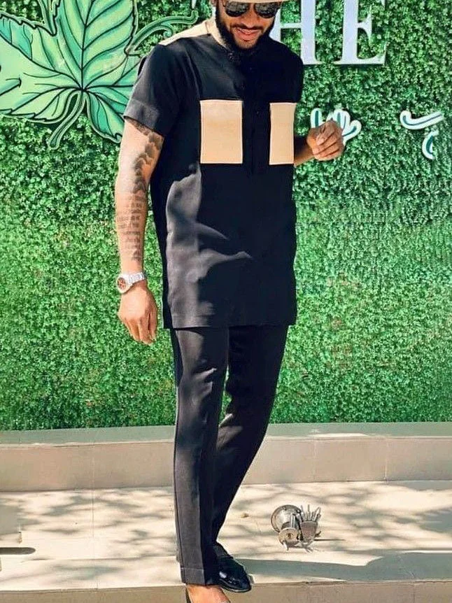 Men's casual black print two-piece suit