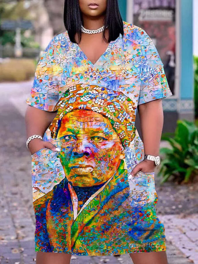 Women's Juneteenth Harriet Tubman Underground Railroad in Contemporary Vibrant Casual V-Neck Dress