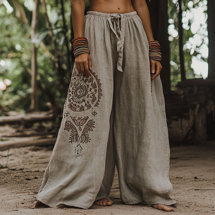 Bohemian Holiday Style Retro Linen Floral Ethnic Totem Print Casual Pants