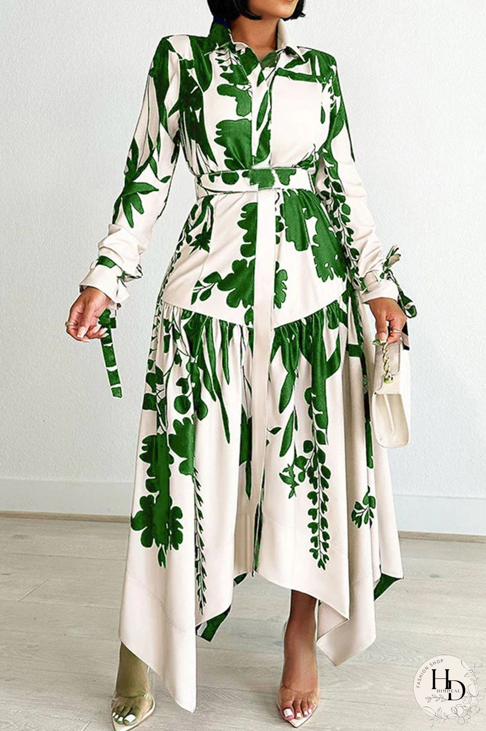 Elegant Print Patchwork With Belt Turndown Collar Irregular Dresses