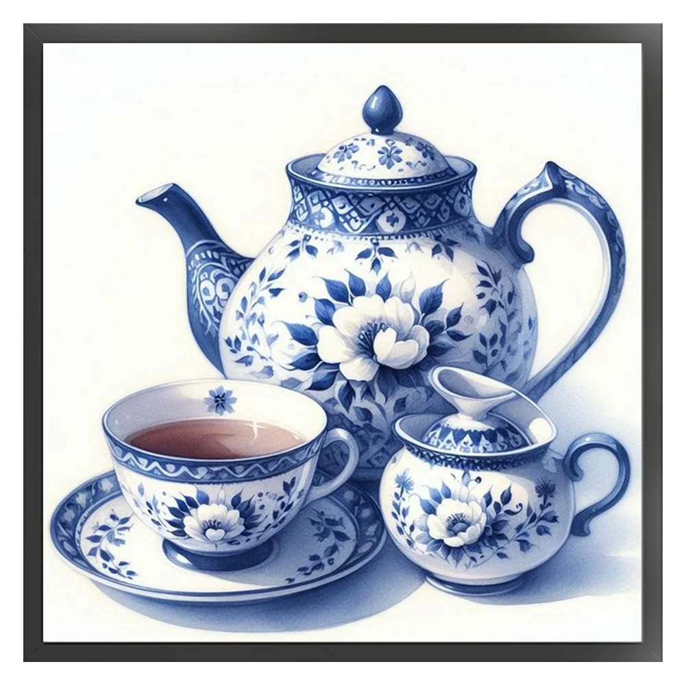 11CT Full Stamped Cross Stitch - Blue and white porcelain Porcelain Teapot(Canvas|40*40CM)