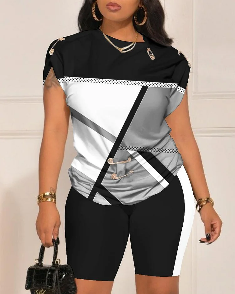 Colorblock Round Neck Top & Shorts Set
