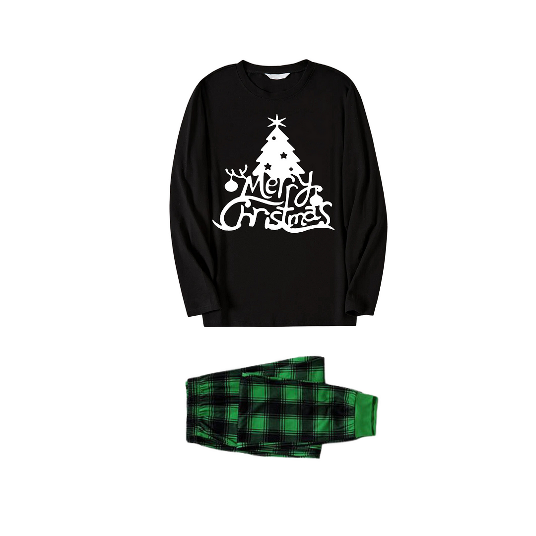 Christmas Tree and "Merry Christmas" Text Print Black Long Sleeve Top with Green and Black Plaid Family Matching Pajamas