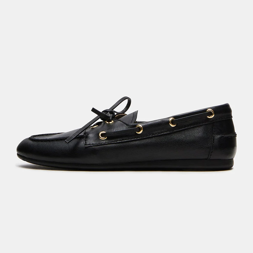 Classic Black Vegan Leather Round Toe Tie-Up Flat Women's Loafers