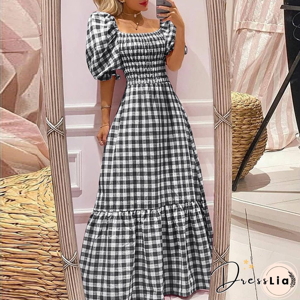 Women Puff Sleeve Square Neck Vintage Checked Plaid Maxi Dress Holiday Party Prom Dresses Kleid Plus Size
