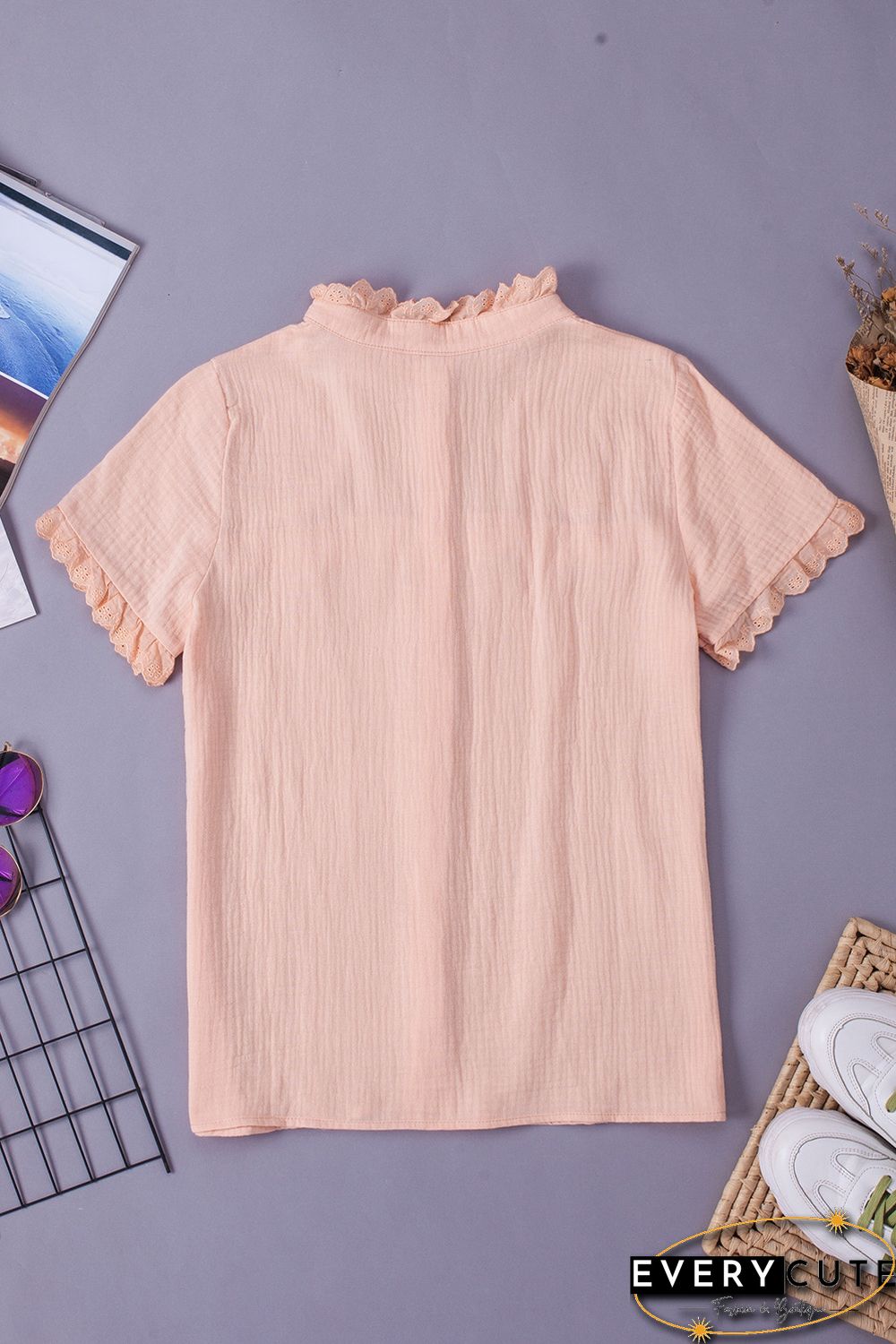 Pink Buttoned Lace Splicing Ruffle Textured Short Sleeve Shirt