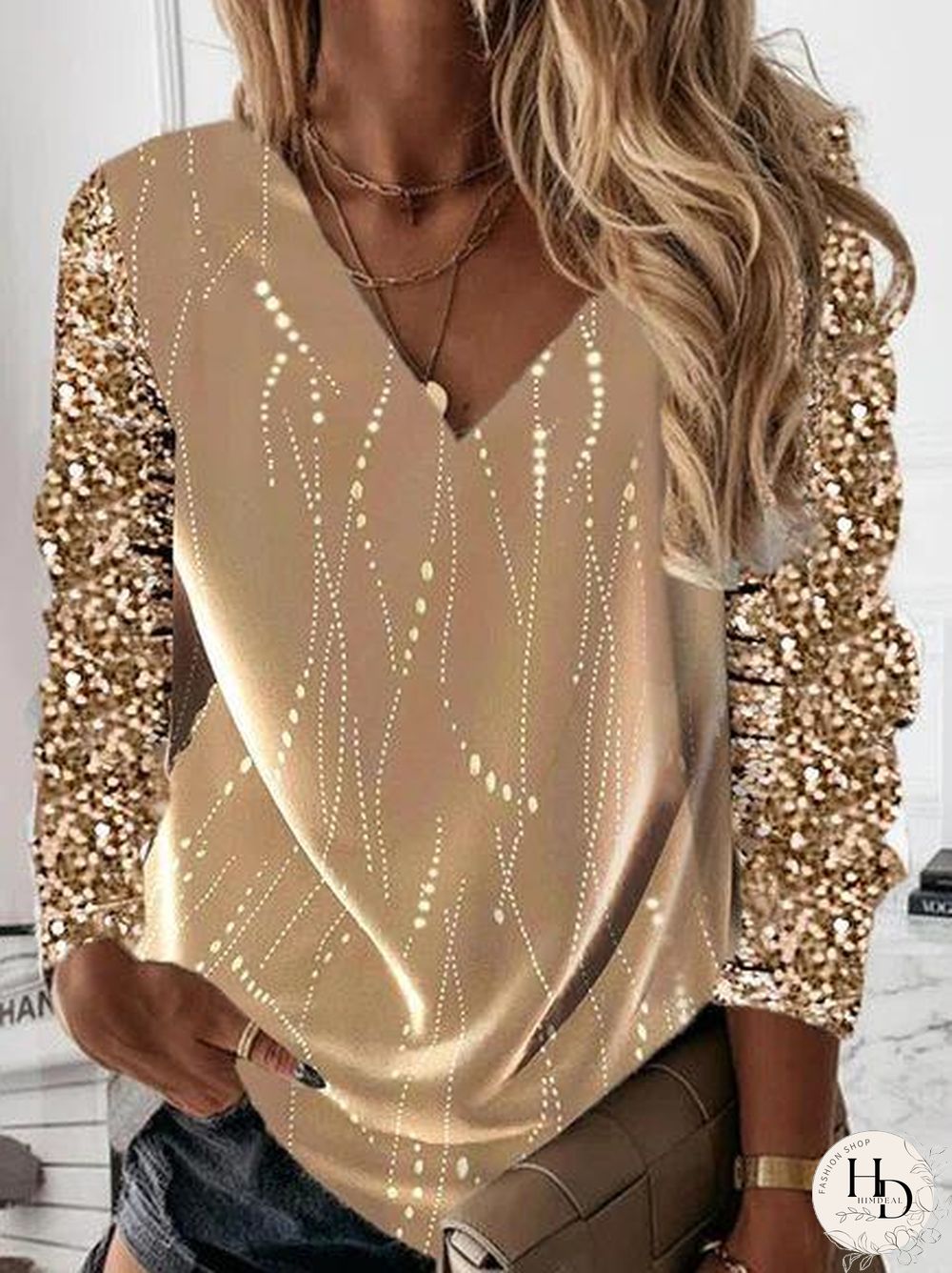 V-Neck Golden Sequined Sleeve Top