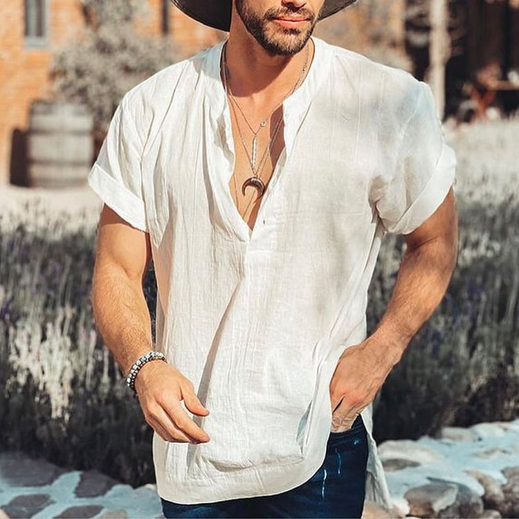 BrosWear Cotton Linen V Neck Short Sleeve Solid Henley Shirt