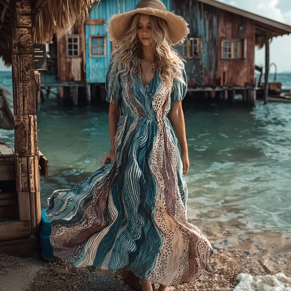 Simulated Wave Design Beach Holiday Casual Linen Dress wearshes