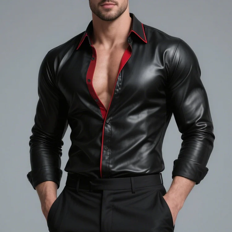 Okaywear PU Leather Red Trim Button Long Sleeve Shirt 