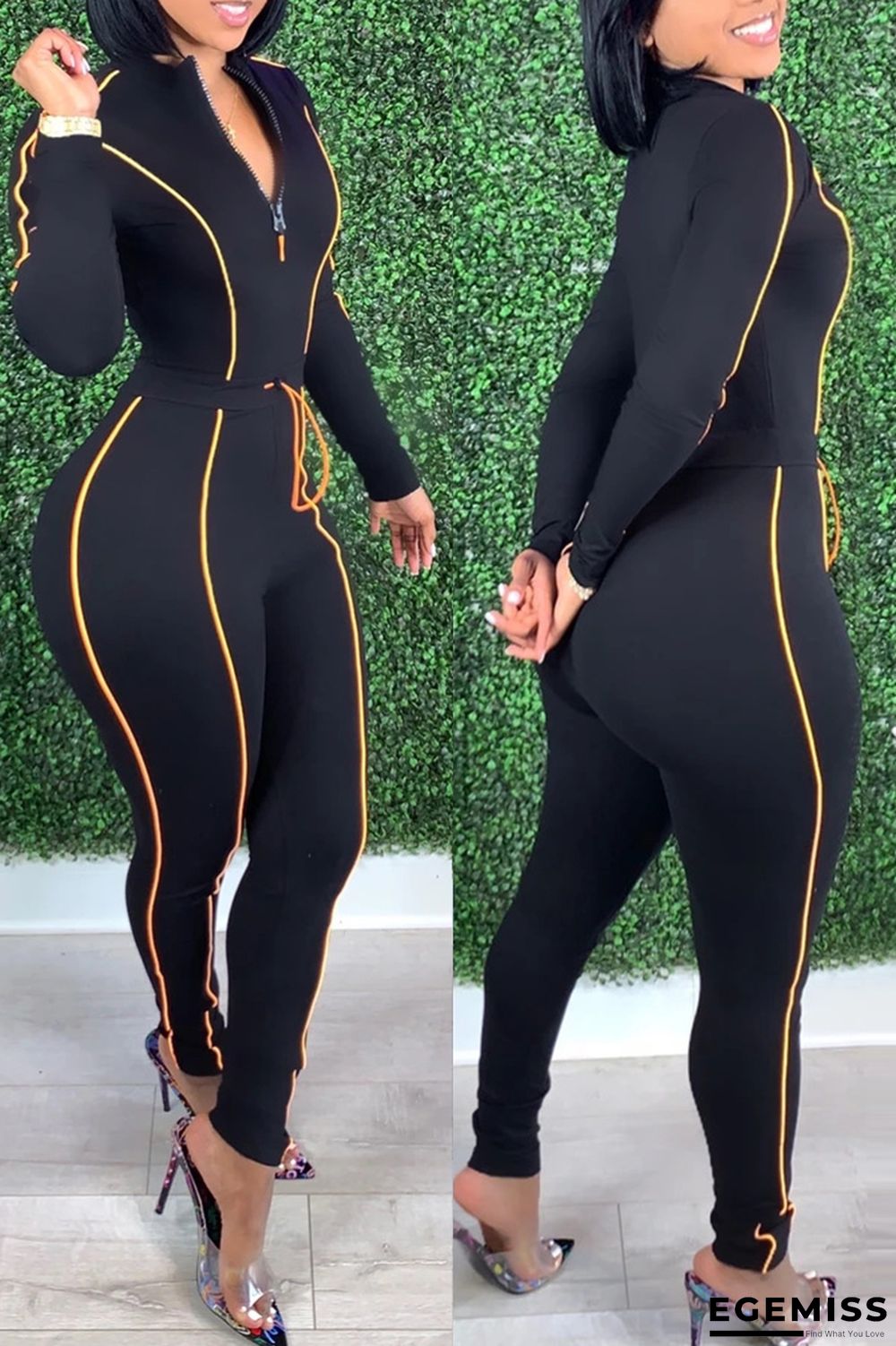 Black Fashion Casual Solid Patchwork Zipper Collar Skinny Jumpsuits | EGEMISS