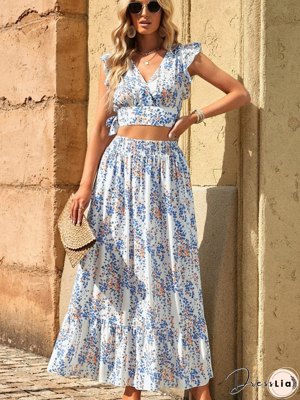 Floral White Bohemian Chic Two Piece Maxi Dress Set