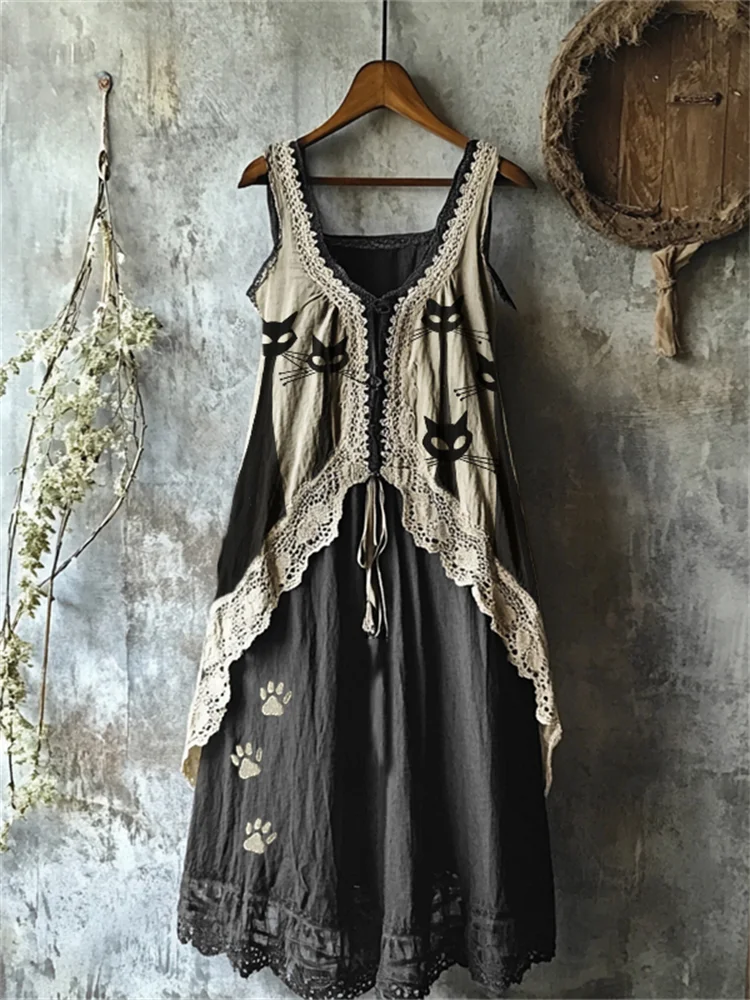 Black Cats Paw Prints Lace Hem Layered Linen Tank Dress
