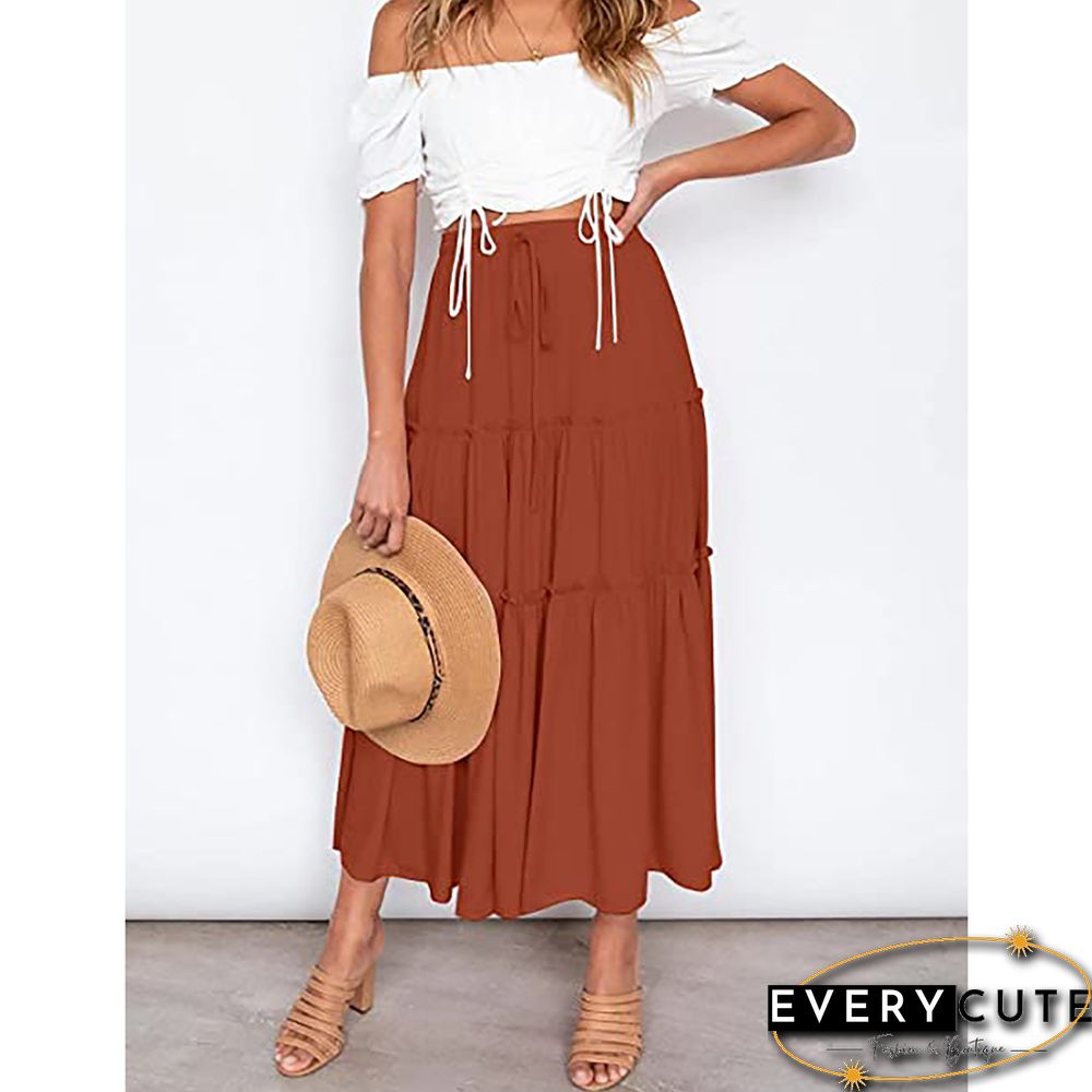 Orange High Waist A-line Drawstring Maxi Skirt