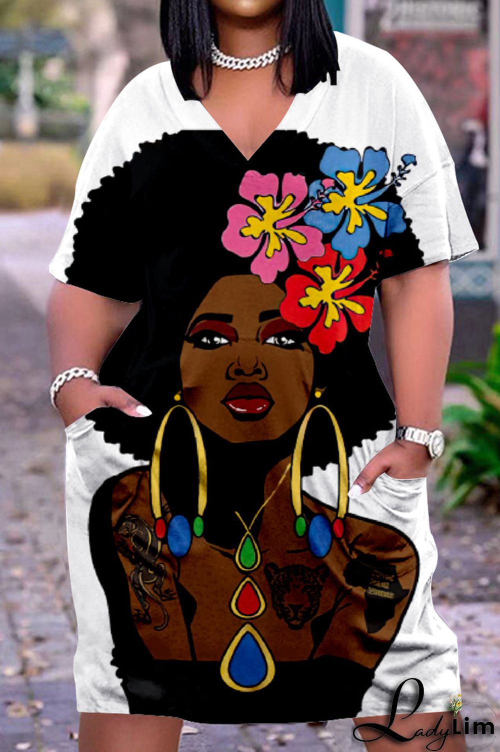 Beige Casual Street Print Patchwork V Neck Straight Dresses