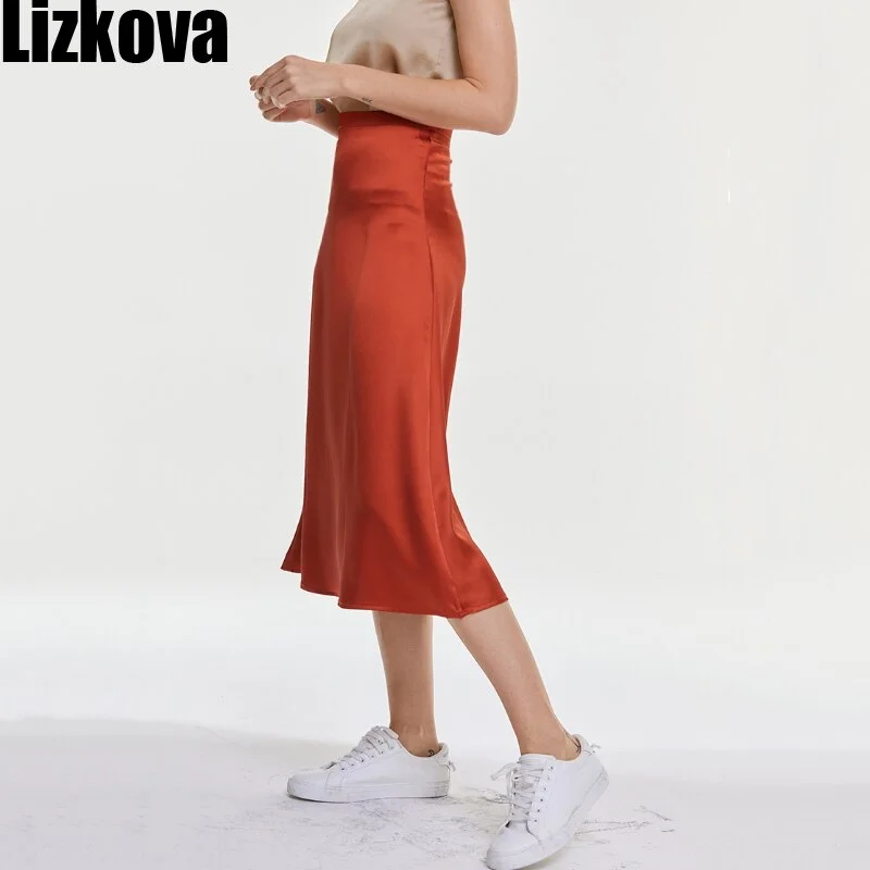 Lizkova Summer Satin Skirt Women High Waist Shiny Elegant Jupe 2021 Female Knee-lenth Casual Skirt BS001