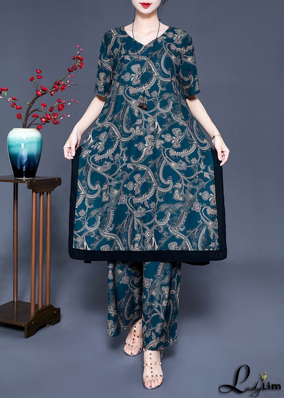 Fine Blackish Green V Neck Patchwork Print Silk Two Pieces Set Summer