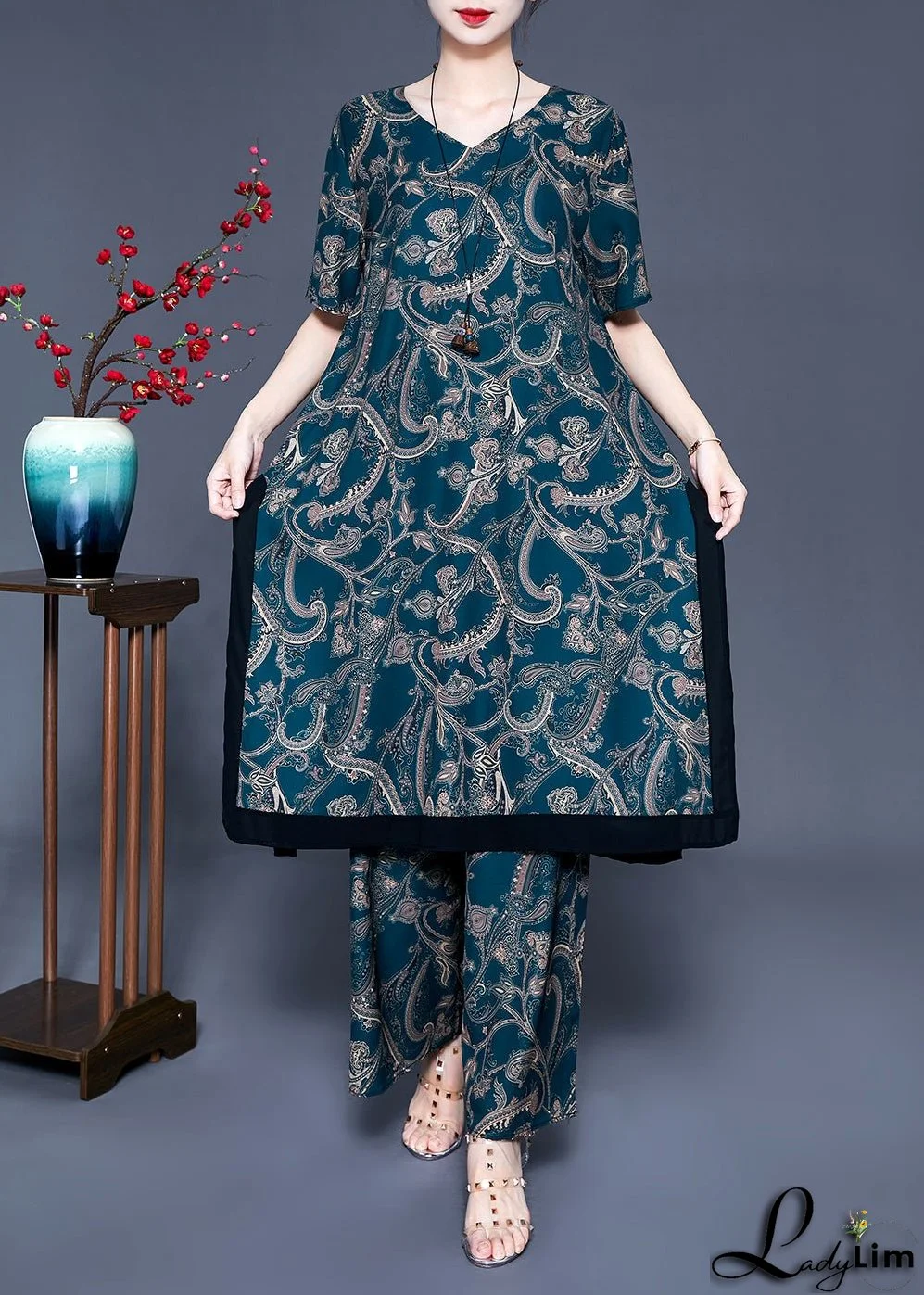 Fine Blackish Green V Neck Patchwork Print Silk Two Pieces Set Summer