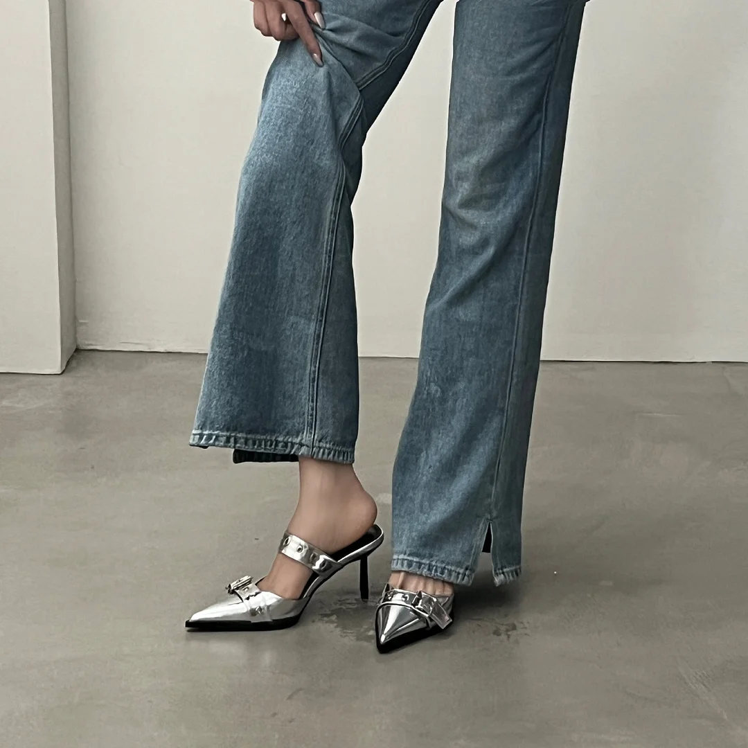 Breakj Breakj Summer ~ Pointed Belt Buckle Thin Belt Buckle Single Shoes Silver Back High Heel Sandals