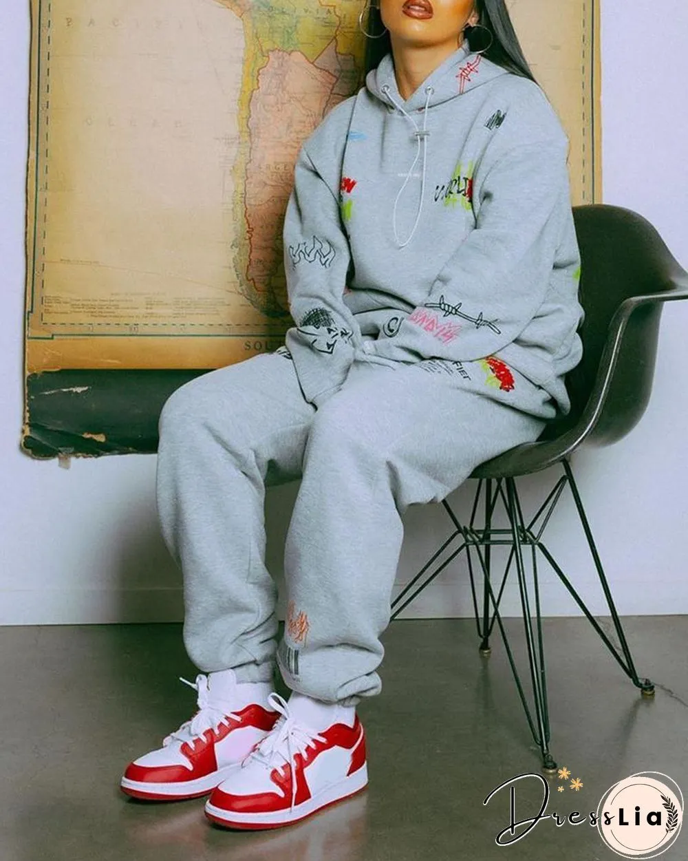 Letter Print Hooded Top & Pants Set P13221