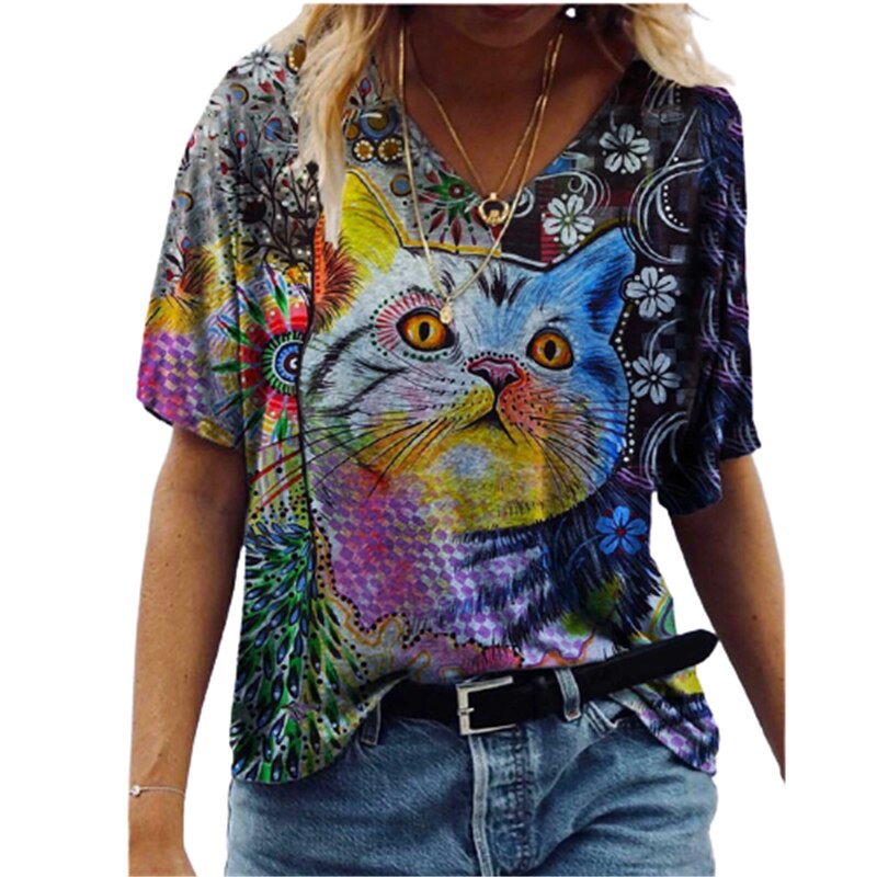 New Tiny Cat Printed Women T Shirt Summer Casual Short Sleeve V Neck Female Tees Plus Size Harajuku Top Streetwear Clothing 3XL