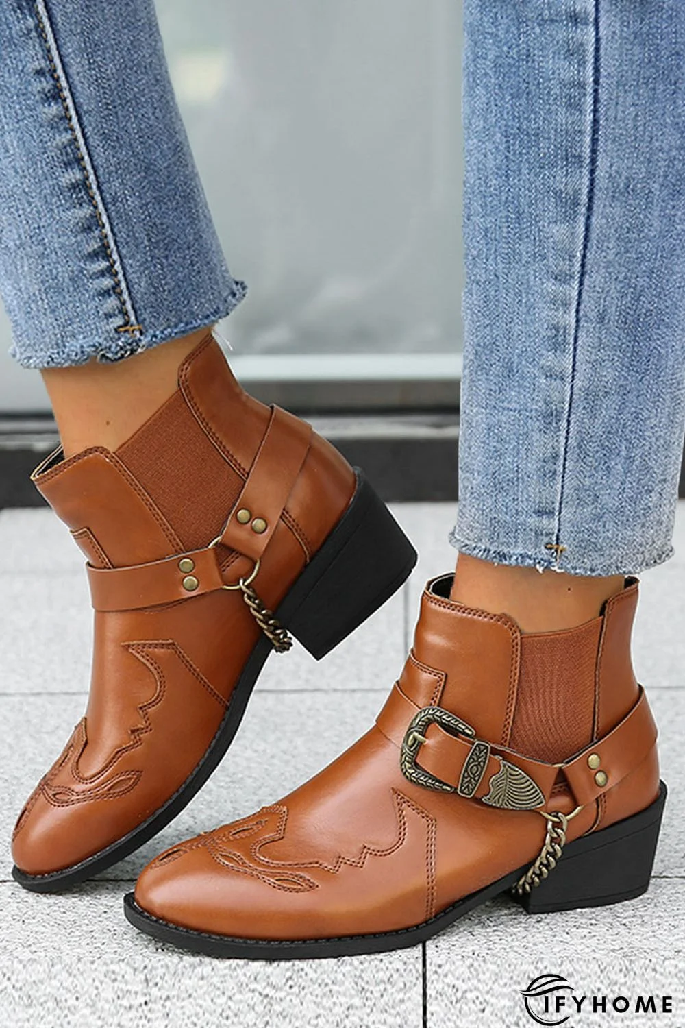Brown Vintage Stitching Detail Metal Buckle Chelsea Boots | IFYHOME