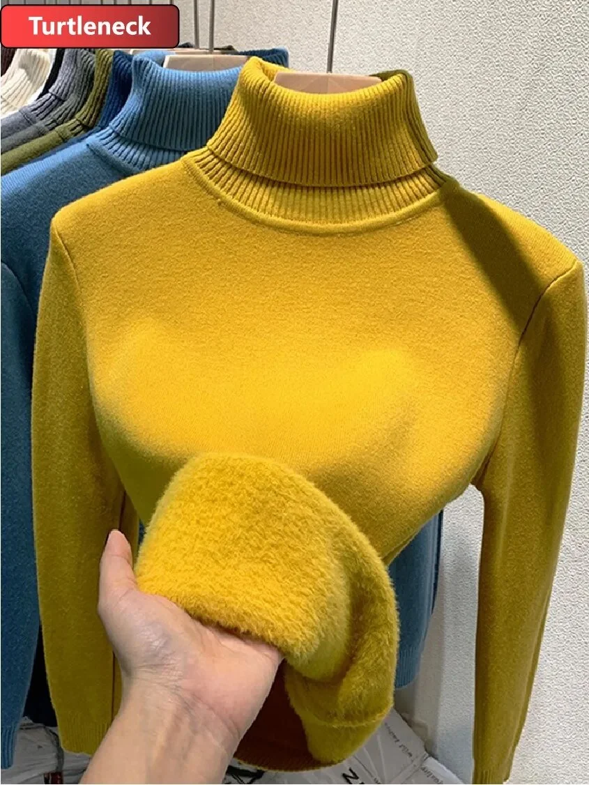 Uveng Warm Sweater Pullover Women Slim Thicken Plush Velvet Lined Knitwear Jumper Korean Half Turtleneck Poleras Soft Knit Tops