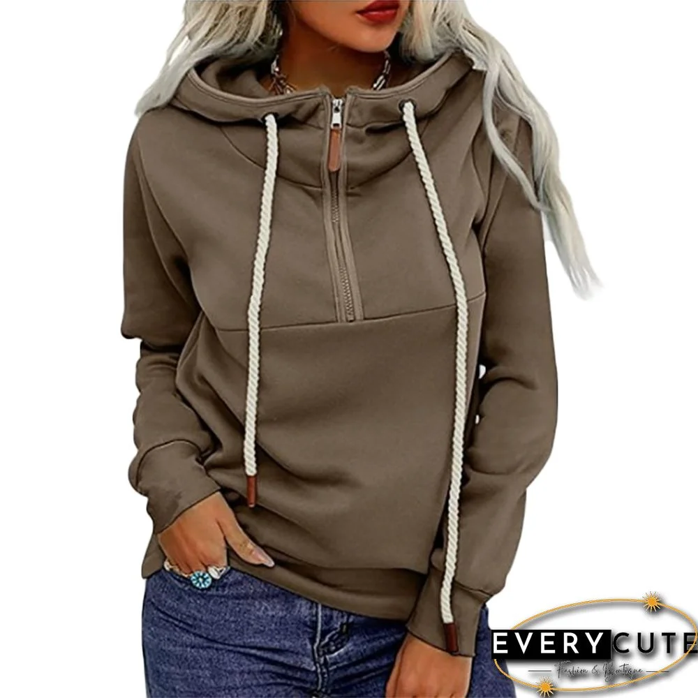 Khaki Cotton Blend Front Zipper Fleece Warm Hoodie