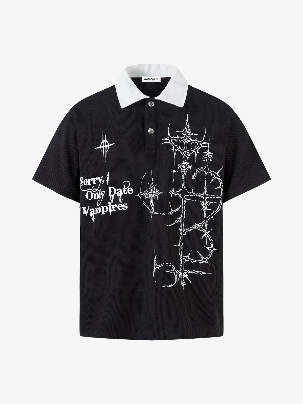 Black Act Chic Gothic Thorn Print Short Sleeve Polo Shirt Front