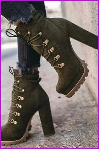 Women Flock Rivet Square High Heels Ankle Boots F3380